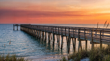 Obraz premium Empty Gulf Coast Public Fishing Pier Before Dawn with Calm Coastal Waters