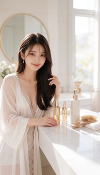明るい室内でロングヘアをブラッシングする若いアジア人女性のヘアケアイメージ