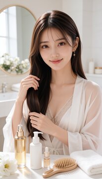 明るい室内でロングヘアをブラッシングする若いアジア人女性のヘアケアイメージ