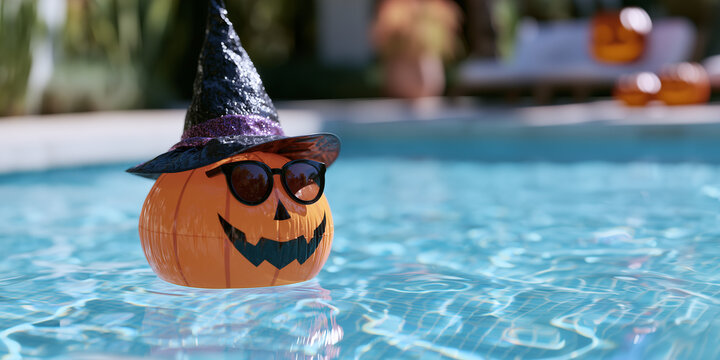 An inflatable pumpkin wearing sunglasses and a witch's hat in the pool. A Halloween party. The end of summer, the beginning of fall.