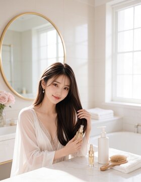 明るい室内でロングヘアをブラッシングする若いアジア人女性のヘアケアイメージ
