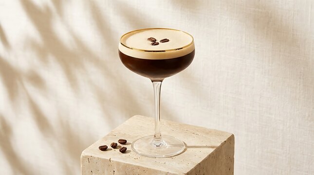 An espresso martini cocktail sits on a stone block against a neutral wall. Ideal for upscale bar and lifestyle imagery.