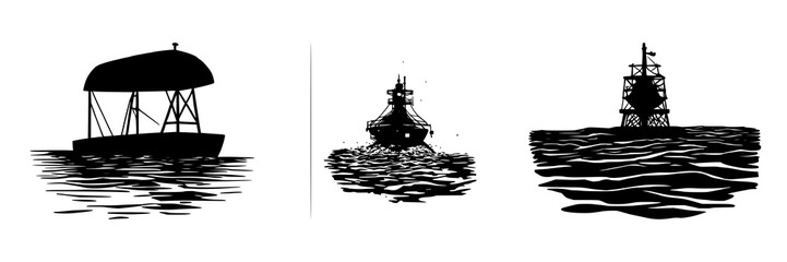 Solar-powered desalination buoy set with solid black silhouette and bold sharp edges featuring ocean, technology, buoy with white background and water © MDMIZANUR