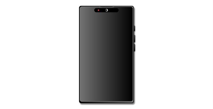 Modern black smartphone front view illustration mockup with dark screen and front camera isolated on white background. 