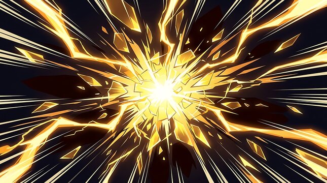 Golden light bursts through shattered glass against a dark background. Perfect for dramatic action or impact concepts.