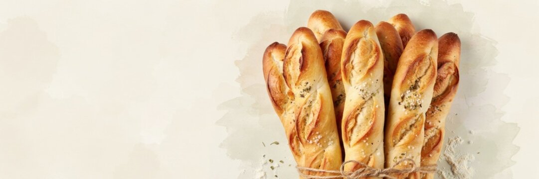 An armful of freshly baked French baguettes tied with string, which is an iconic symbol of French cuisine. A banner with space for the text.