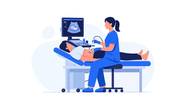 Medical professional performing ultrasound scan on a patient lying on examination table