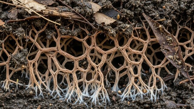 Slime mold growing on forest floor. Myxomycetes fungus network on decaying organic matter.