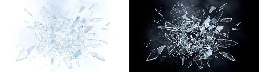 Shattered glass explosion with sharp transparent shards flying outward in a dramatic burst creates a striking PNG, Transparent and Black Background Versions design for impact and action projects © Tanay