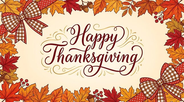 Happy thanksgiving greeting card with autumn leaves and plaid bows
