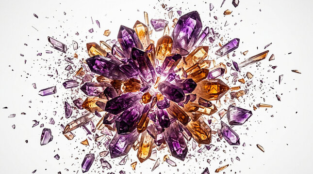 A stunning close-up of a radiant crystal formation with sharp, multifaceted purple and golden-yellow gemstones set against a clean white background, showcasing intricate.