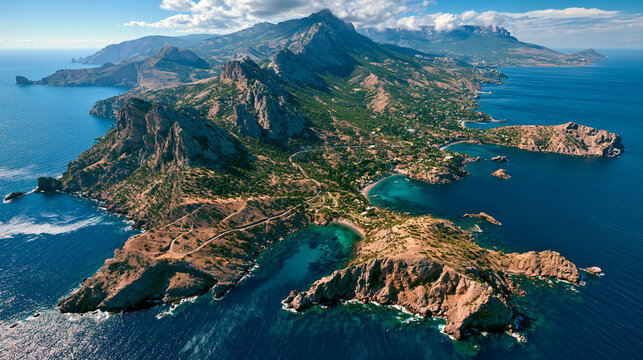 Aerial drone view of scenic mountain cape and blue sea ocean water