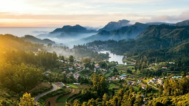 a beautiful kodaikanal hill town india surrounded by green mountains morning light aerial view timelapse video