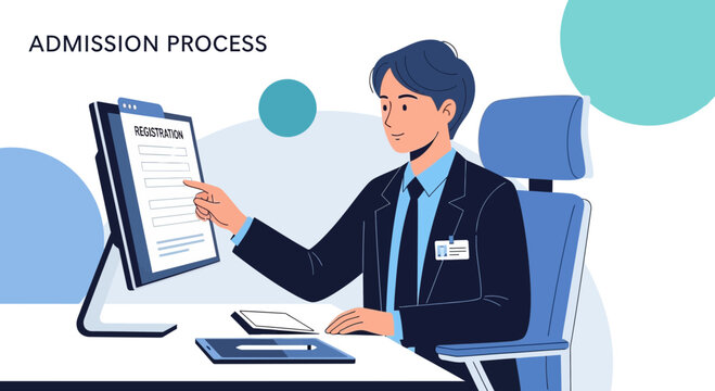 Man in suit pointing at registration form on computer screen, admission process