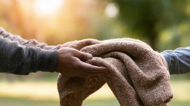 Two people joining hands while holding a warm knitted blanket together outdoors