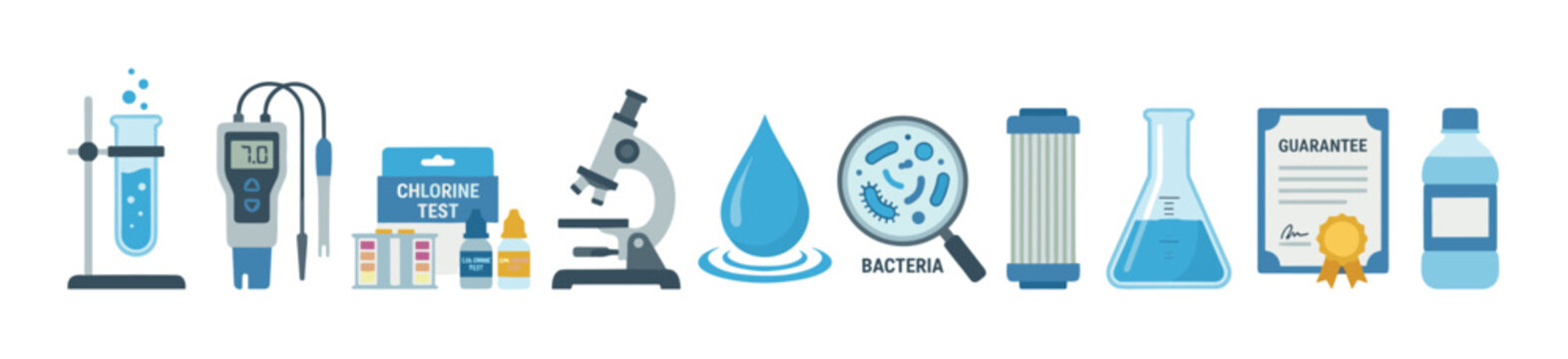Water quality testing purification safety related flat icons illustrating various methods and equipment for ensuring clean and healthy drinking water.