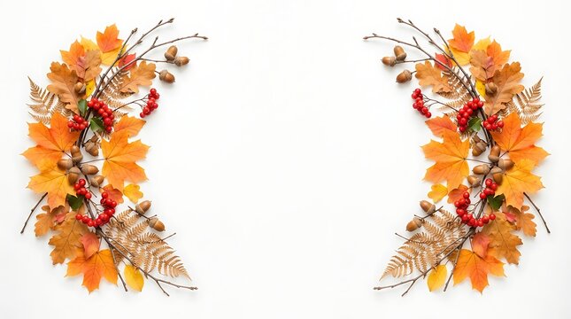 Autumn frame made of maple leaves acorns and berries isolated on white background