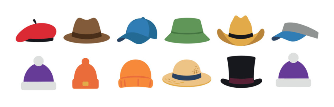 Diverse collection of various hats and caps showcasing different styles, materials, and seasonal wear, perfect for fashion and accessory concepts.