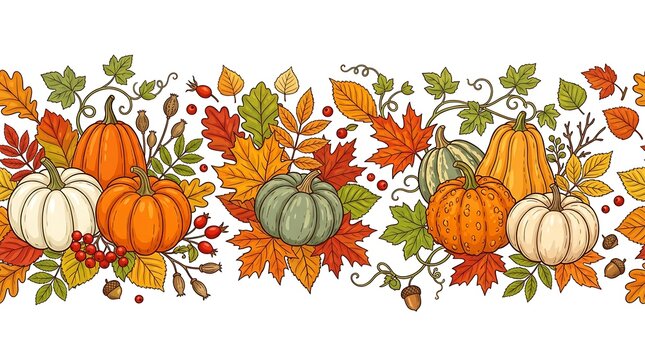 Autumn seamless border with pumpkins, leaves, berries, and acorns