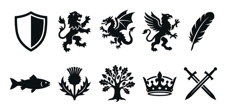 Heraldic symbols collection featuring medieval crest elements, fantasy creatures like dragons and griffins, along with traditional emblems such as crowns, shields, and swords.