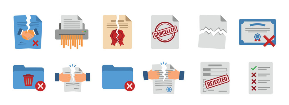 Various icons representing document cancellation, rejection, and termination processes, including torn papers, shredded agreements, and rejected applications.