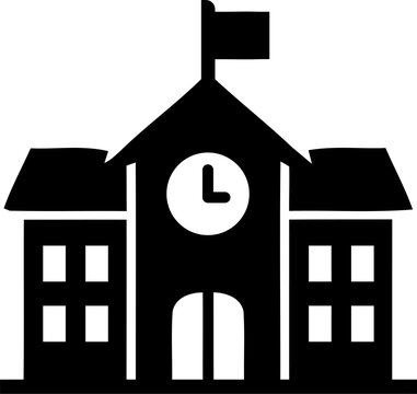 Black school building icon with clock isolated on transparent background