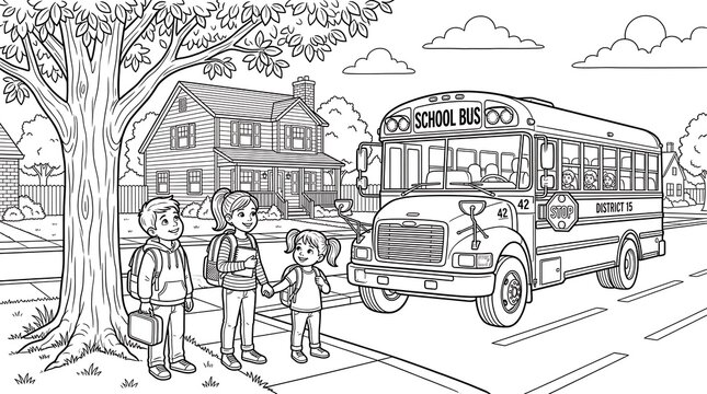 Children waiting for the school bus in front of a house