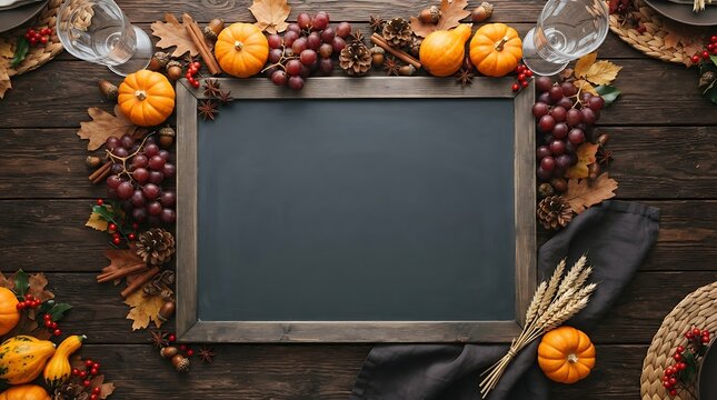 Empty chalkboard frame decorated with autumn harvest elements