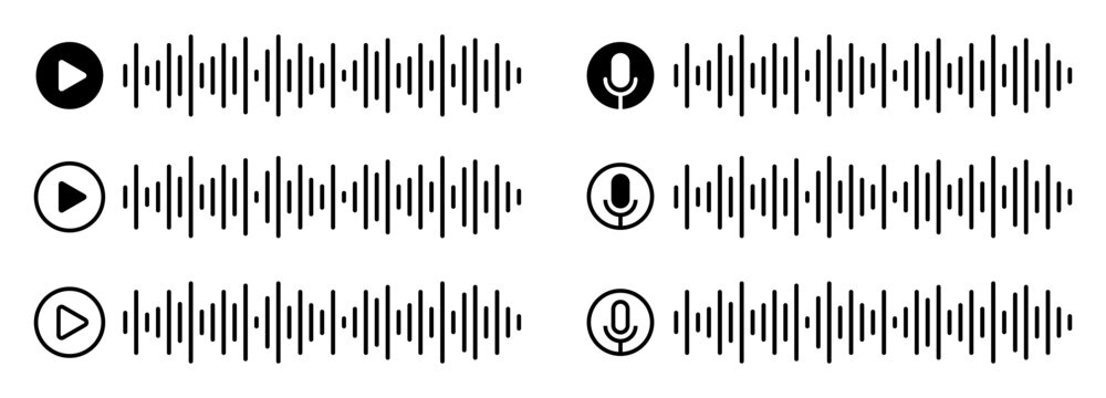 Voice message ui vector, Audio Sound Wave Play Button Vector Set, Voice Note Track Frequency Spectrum Graphic Element