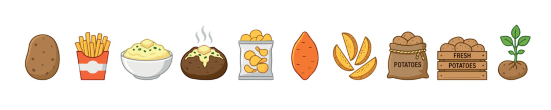 Various cartoon potatoes and delicious potato products are arranged in a row, showcasing different culinary preparations and agricultural forms of this versatile vegetable.