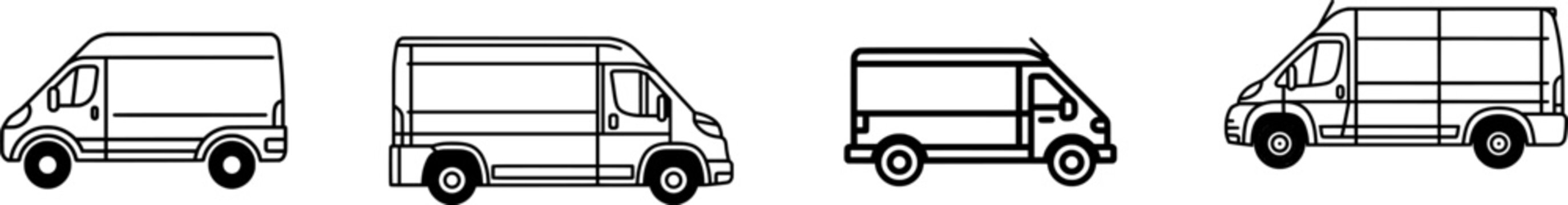 A sleek black outline van icon is depicted in a minimalist flat design against a pure white background, showcasing its compact and efficient profile for mail delivery services