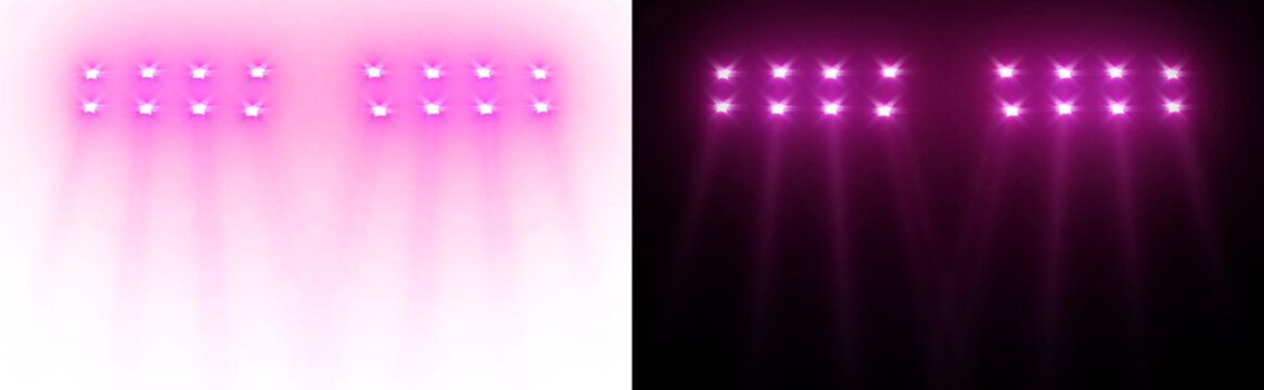 Spotlight beams pink lighting shining on concert stage on transparent background. VFX design, theatre stage poster, party, music event.