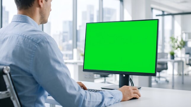 Rear view of a professional man typing on a keyboard facing a large green screen desktop monitor in an office