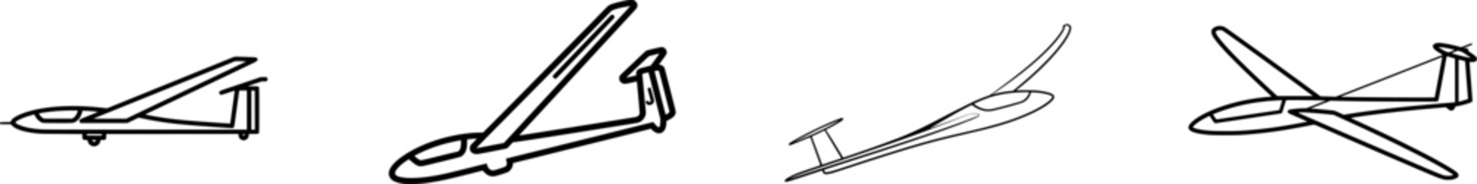 A sleek black outline glider plane with a streamlined design is depicted in a minimalist flat vector style against a pure white background