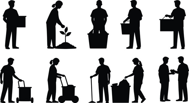 Black Community Service Worker Silhouette Set with Cleaning, Planting, Carrying and Maintenance Activities