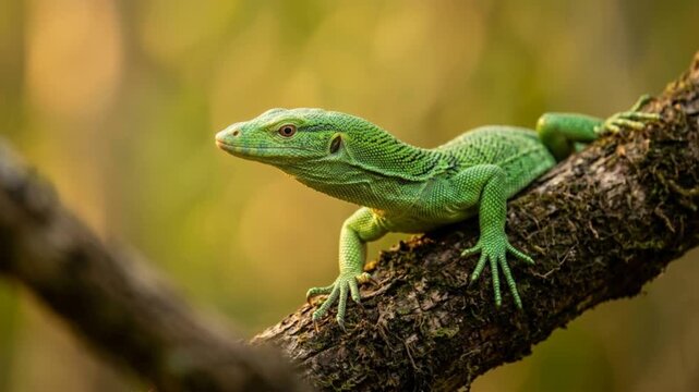green emerald tree monitor close up in new guinea rainforest at golden light video