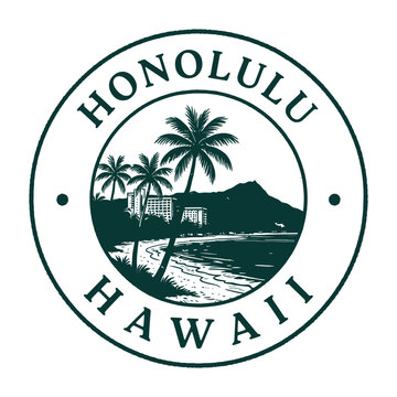 Circular Honolulu Hawaii Emblem With Palm Trees And Beach Scene Vector Illustration