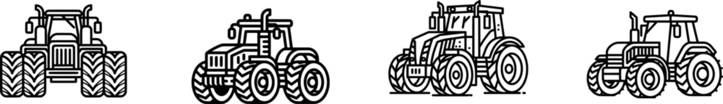 A black outline icon of a heavy farm tractor, with thick uniform lines, isolated on a pure white background in a minimalist flat vector style