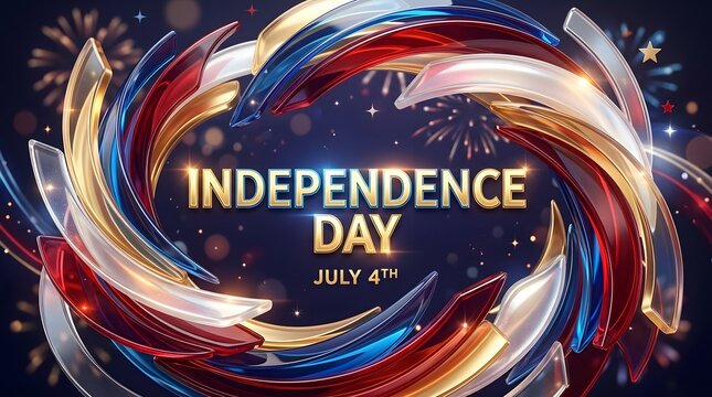 Independence day celebration golden text with dynamic red white and blue swirls
