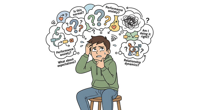 Young man experiencing anxiety and overthinking with many thought bubbles.