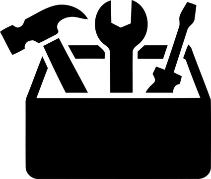 Black toolbox icon with hammer wrench and screwdriver isolated on transparent background