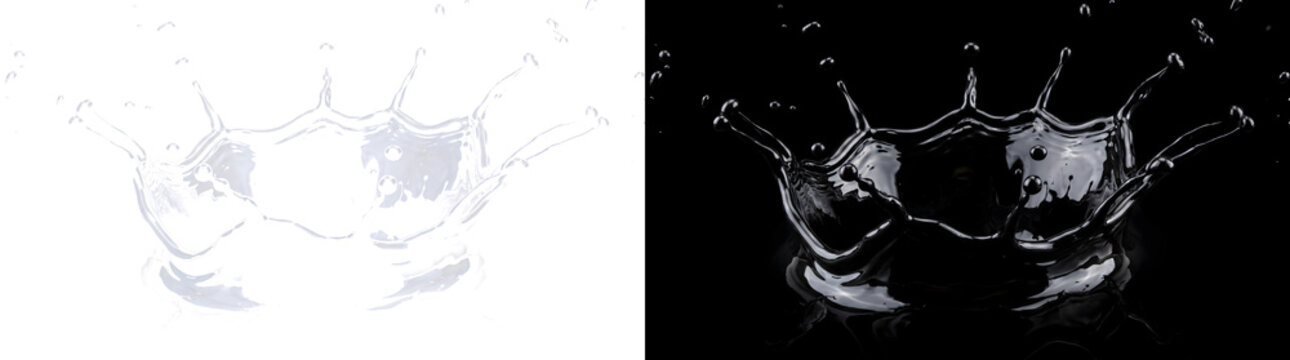 Water splash forming a crown shaped droplet pattern with rising liquid spikes and reflective surface with PNG, Transparent and Black Background Versions for beverage advertising designs