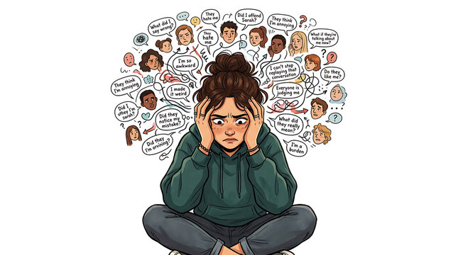 Young person overwhelmed by many voices and opinions surrounding them.