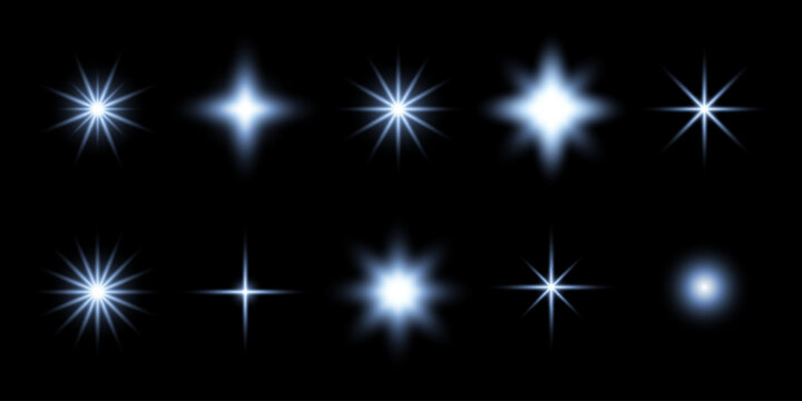 Set of glowing starburst light effects with realistic lens flare and sparkle highlights. Bright isolated luminous elements on transparent background