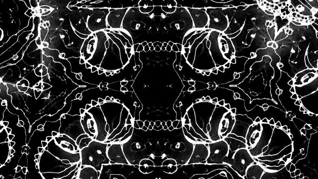 Ornate motif in black and white tones psychedelic kaleidoscope with radial symmetry, presented as a 2D looped animated video