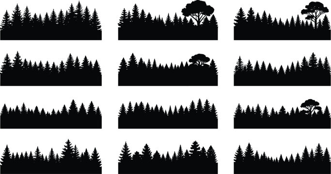 Black Evergreen Forest Silhouette Border Set with Pine Trees and Mixed Woodland Canopies