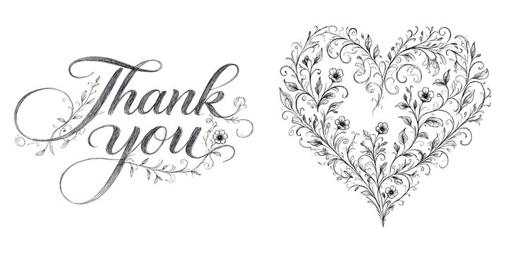 Beautiful handdrawn thank you text with ornate heart illustration perfect for cards and invitations