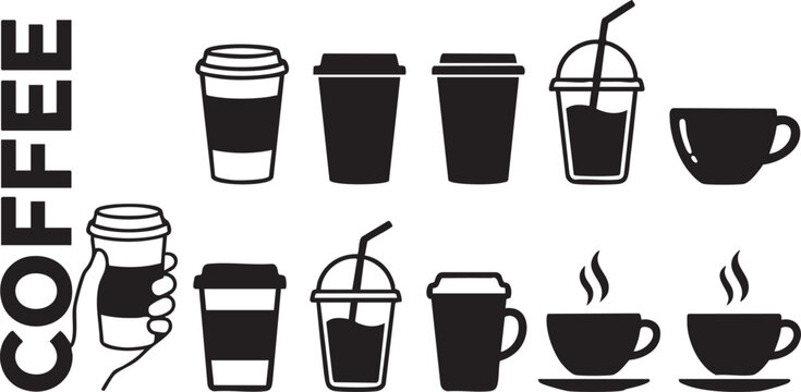 Coffee Cup Line Art Vector Set - Hand Holding Coffee Cup and Takeaway Beverage Mug Silhouettes Collection