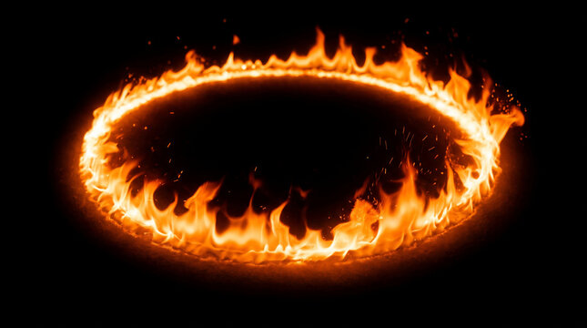 Ring of Fire: A circular ring of intense flames burns brightly against a stark black background, creating a dramatic and powerful visual.