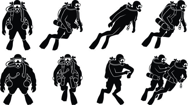 Black Scuba Diver Silhouette Collection with Underwater Swimming, Buddy Assistance and Diving Equipment